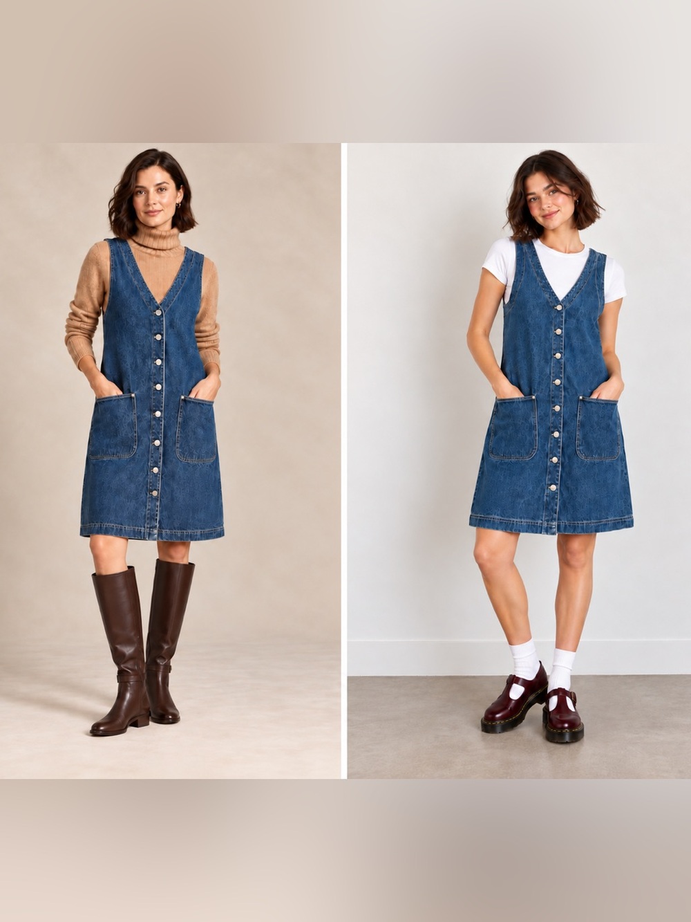 Vtg 90s Denim Pinafore Dress Jumper M Button Front Pockets Cottagecore